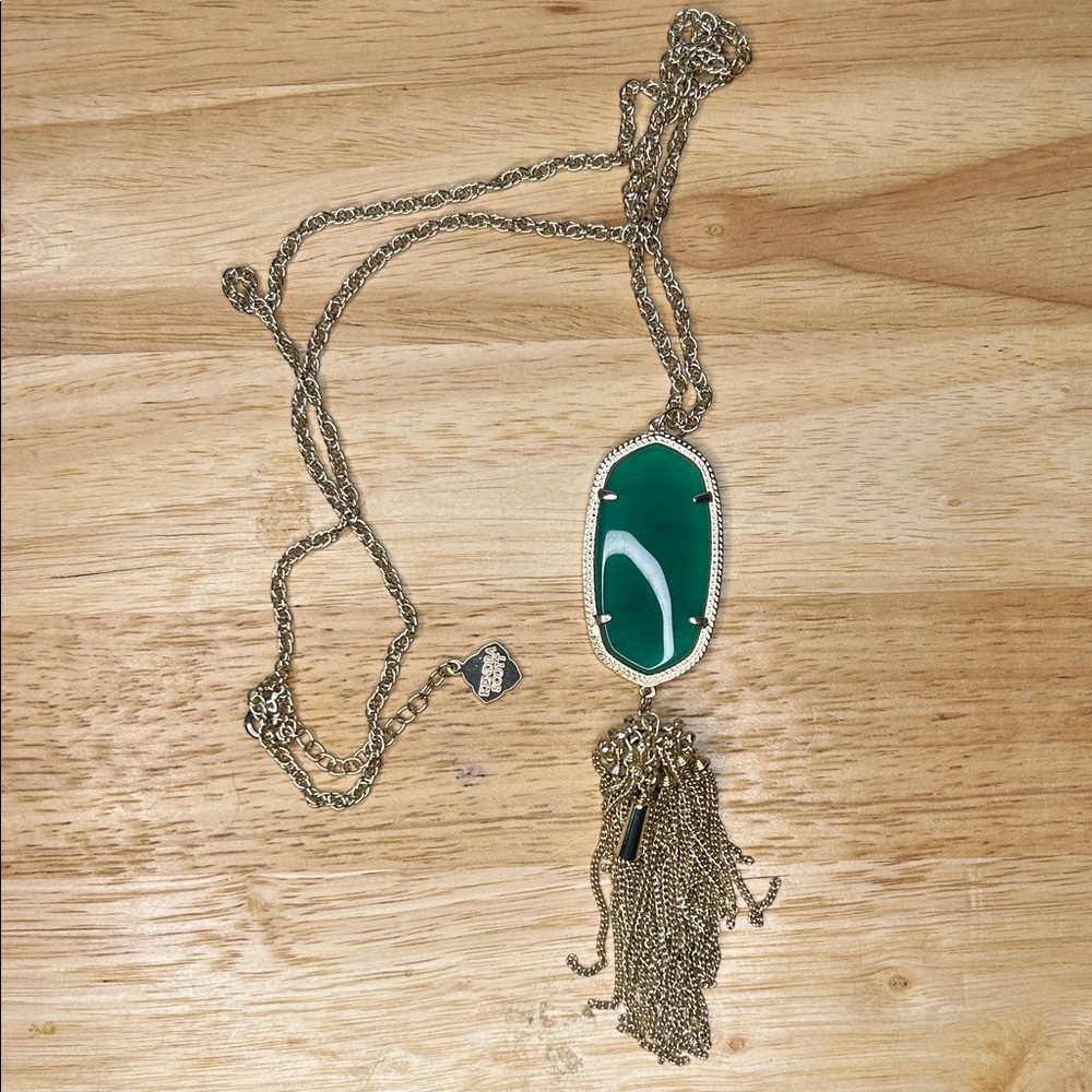 Kendra Scott Green Pendant Necklace with Gold Tassel